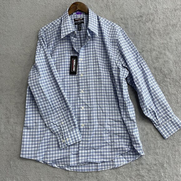 NEW Kirkland Signature Men's 17.5 Non-Iron Traditional Fit Dress Shirt Plaid - Picture 2 of 7